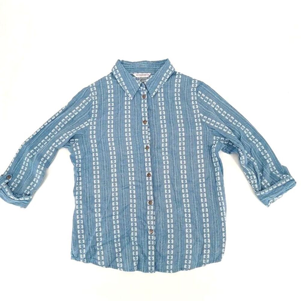 Coastal 3/4 Sleeve Roll Tab Button Down - Embroidered Blue White Striped Top